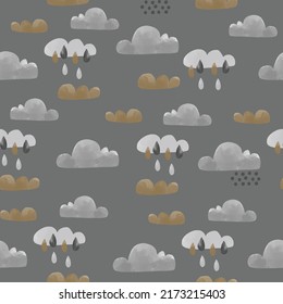 Watercolor retro style with clouds and water drops. Vintage childish vector texture. Great for fabric, textile.