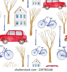 Watercolor retro town pattern. Seamless texture with buildings, trees, lamps, vintage cars and bicycles. Artistic background 