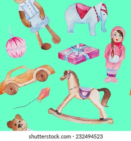 Watercolor retro toys seamless pattern. Hand drawn rocking horse, teddy bear, elephant, dool, gift box, kite and wood automobile. Vintage baby objects set in vector.