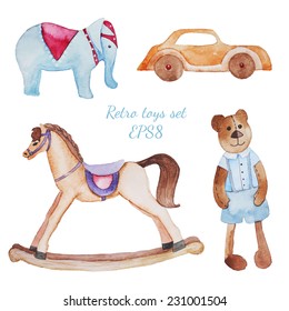 Watercolor retro toys set. Hand drawn rocking horse, teddy bear, elephant and wood automobile. Vintage baby objects set in vector.