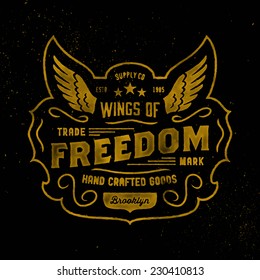 Watercolor retro t-shirt apparel graphic design, vintage hand crafted logo 'Wings of Freedom' supply company, vector illustration on dark background