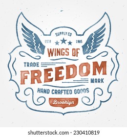 Watercolor retro t-shirt apparel graphic design, vintage hand crafted logo 'Wings of Freedom' supply company, vector illustration on dark background