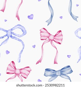 Watercolor ribbon bow seamless pattern with love element