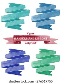 Watercolor Ribbons. Banners. Collection of Isolated Watercolor Ribbons on White Background