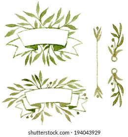 Watercolor ribbons with leaves frame 
