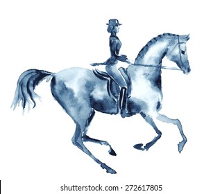 Watercolor rider and dressage horse. Equestrian sport. Vector.