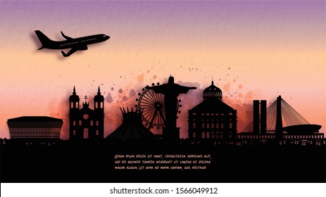 Watercolor of Rio de Janeiro, Brazil  silhouette skyline and famous landmark. vector illustration.