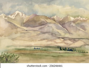 Watercolor river and mountains nature landscape vector illustration