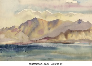 Watercolor river and mountains nature landscape vector illustration