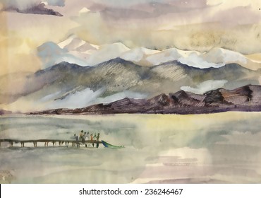 Watercolor river and mountains nature landscape vector illustration