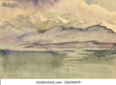 Watercolor river and mountains nature landscape vector illustration