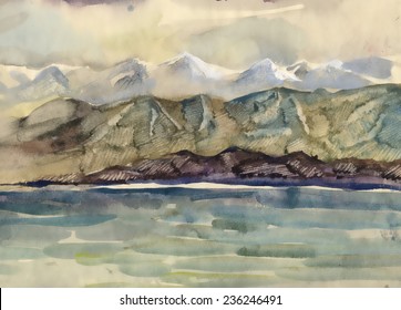 Watercolor river and mountains nature landscape vector illustration