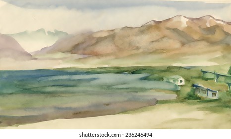 Watercolor river and mountains nature landscape vector illustration