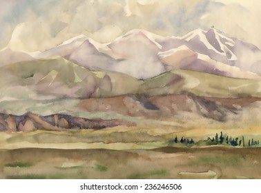 Watercolor river and mountains nature landscape vector illustration