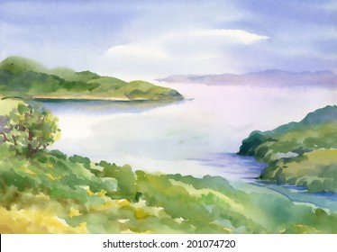 Watercolor river nature landscape