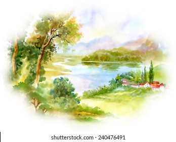 Watercolor river nature landscape on white background vector illustration