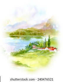 Watercolor river nature landscape on white background vector illustration