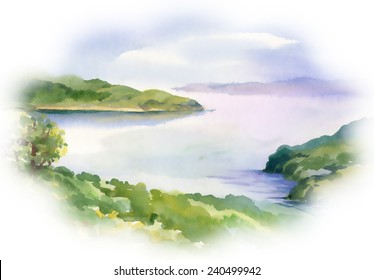 Watercolor river nature landscape on white background vector illustration