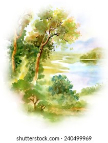 Watercolor river nature landscape on white background vector illustration