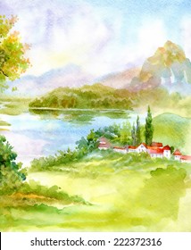 Watercolor river nature landscape vector illustration