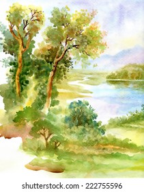 Watercolor river nature landscape vector illustration