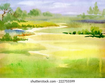 Watercolor river nature landscape vector illustration