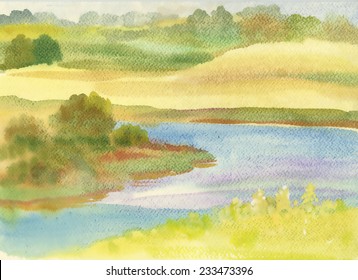 Watercolor river nature landscape vector illustration