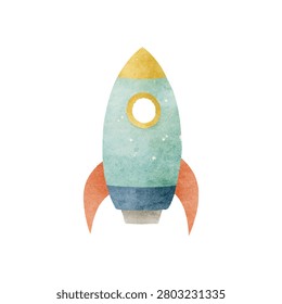A watercolor rocket ship in flight with rounded nose cone and fins