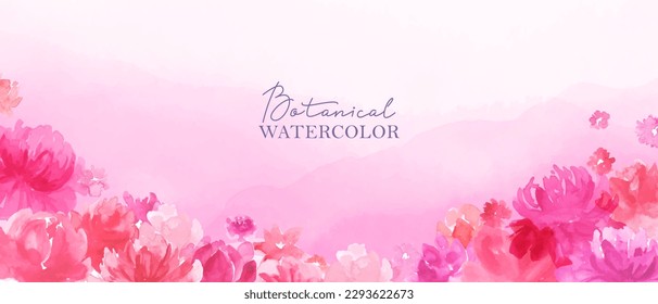 Watercolor romantic background wiith pink, magenta, red flowers. Beautiful landscape, field with roses, peonies, blossoms.