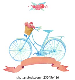 Watercolor romantic illustration with bicycle in vintage style. Vector hand drawn illustration: blue retro bicycle with floral basket, silk ribbon and roses bunch.