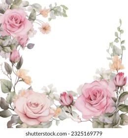 Watercolor Romantic Pink Rose Flowers Frame. Isolated Clipart Illustration for Wedding Decoration.