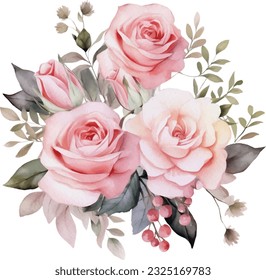 Watercolor Romantic Pink Rose Flowers Arrangement. Isolated Clipart Illustration for Wedding Decoration.