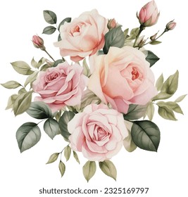 Watercolor Romantic Pink Rose Flowers Arrangement. Isolated Clipart Illustration for Wedding Decoration.