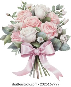 Watercolor Romantic Pink Rose Flowers Arrangement. Isolated Clipart Illustration for Wedding Decoration.