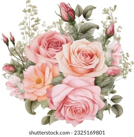 Watercolor Romantic Pink Rose Flowers Arrangement. Isolated Clipart Illustration for Wedding Decoration.