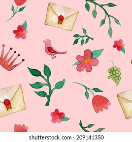 Watercolor romantic seamless pattern with bird, letter, floral elements and crown