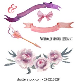 Watercolor romantic wedding decor set.  Various objects: floral bouquet with peony,  ribbons banner, tribal arrow, silk bow. Hand painted vector vintage set. 