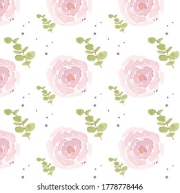 Watercolor Rose and Eucalyptus Seamless Pattern