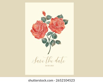 Watercolor rose floral arrangement greenery accents wedding card