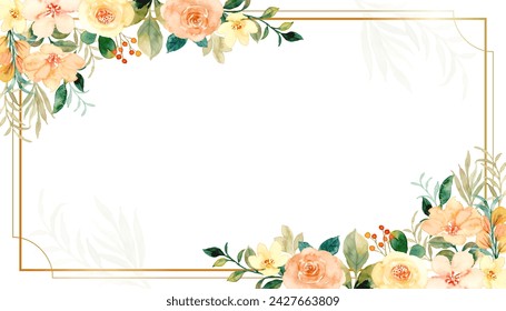 Watercolor rose flower gold frame for wedding, birthday, card, background, invitation, wallpaper, sticker, decoration etc.