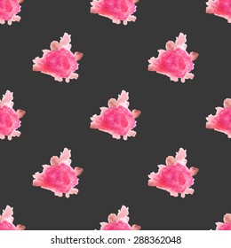 Watercolor rose flower seamless pattern dark background. Hand painted floral ornament.