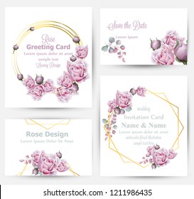 Watercolor rose flowers cards set collection Vector. Vintage greeting or buisiness card, wedding invitation, thank you note. Summer floral decor. flower wreath frames bouquets