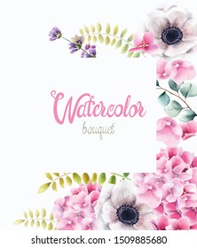 Watercolor rose flowers and leaves background vector. Floral bouquet decor