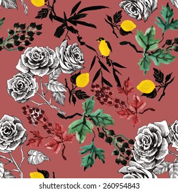 Watercolor Rose flowers with yellow lemons and blackcurrant seamless pattern on red background vector illustration
