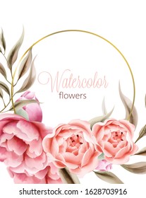 Watercolor rose peonies flowers with brown leaves on background
