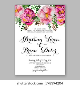 Watercolor Rose, Peony, Anemone Wedding Invitation Card Template Floral Bridal Shower invitation Wreath Bouquet with wight flowers, eucalyptus branches,  vector illustration in vintage 