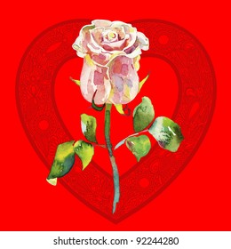 watercolor rose in red background