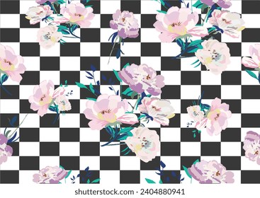 watercolor rose vector design hand drawn seamlss repeating ditsy flower checkered chess