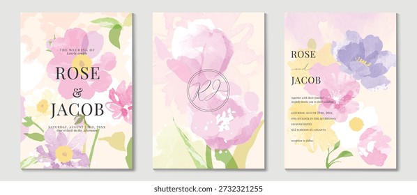 Watercolor rose wedding invitation vector set with pink, purple and green watercolor background, botanical leaves, floral borders and soft paint textures. Romantic design for save the date cards, menu