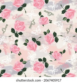 Watercolor roses and butterflies on decorative brused background